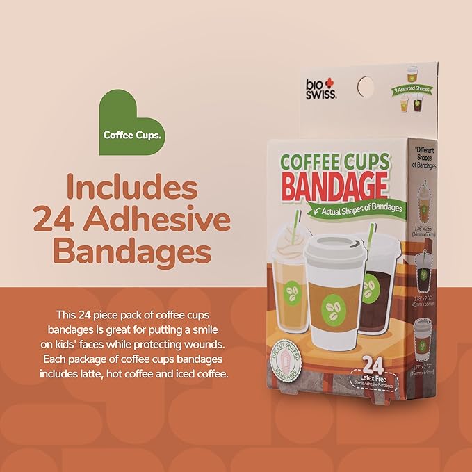 BioSwiss Bandages, Coffee Cup Shaped Self Adhesive Bandage Set, Latex Free, Sterile Wound Care, 24 Count