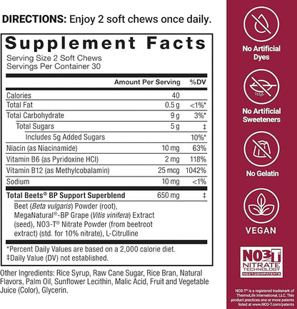 Force Factor Total Beets Blood Pressure Support Supplement with Beets Powder, Great-Tasting Chewables for Heart-Healthy Energy, and Increased Nitric Oxide, 120 Chews, 2-Pack