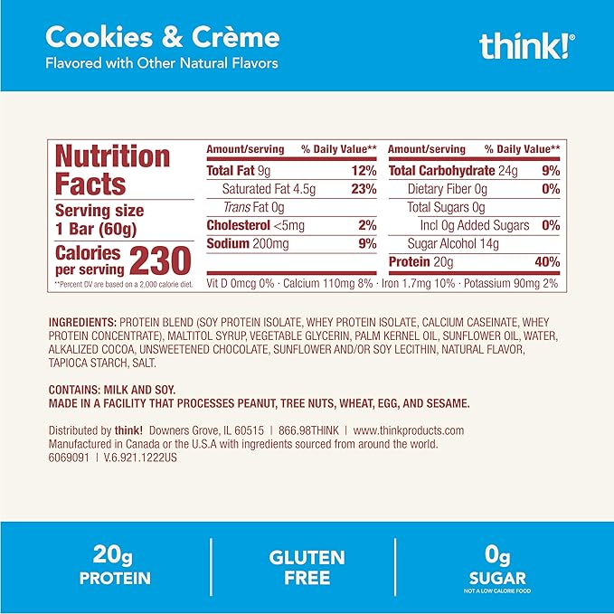 think! Protein Bars, High Protein Snacks, Gluten Free, Kosher Friendly, Cookies and Crème, Nutrition Bars, 2.1 Oz per Bar, 10 Count (Packaging May Vary)