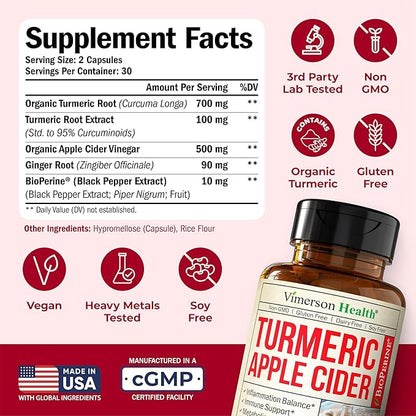 Organic Apple Cider Vinegar with Turmeric Curcumin Supplement & Ginger for Digestive Health, Metabolism, Energy & Joint Support – Organic Turmeric & Apple Cider Vinegar Capsules – 60 Vegan Non-GMO