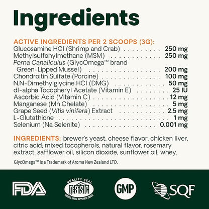 VetriScience Ultimate Strength Healthy Hip & Joint Powder, GlycoFlex Glucosamine, Chondroitin and Green Lipped Mussels Joint Supplement for Cats, Cheese & Chicken, 60 Scoops