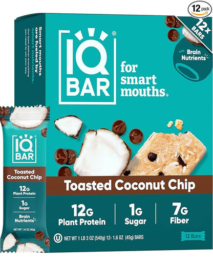 IQBAR Clean Plant Protein Bars - Toasted Coconut Chip - 12 Count - Keto, Vegan, High Fiber, Gluten and Dairy Free, Low Sugar Snack - Brain and Body Nutrients for Focus, Energy, Meal Replacement