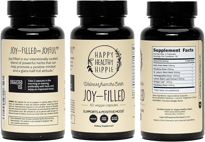 Joy-Filled Mood Support Supplement - 7 Herb Complex + St. Johns Wort | Stress Relief – Helps Calm The Mind & Body | 100% Plant-Based Happy Pills, Ashwagandha, Rhodiola Rosea | Adaptogens, 60 Ct