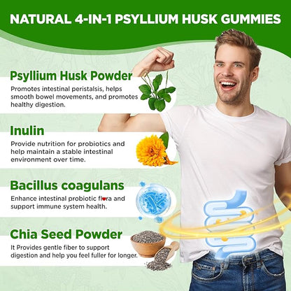 Psyllium Husk Gummies, 1500mg Psyllium Husk Fiber Supplement with Probiotics, Inulin, Chia Seed Powder for Gut & Digestive Health, Regularity, Vegan, Sugar Free, 60 Chewable