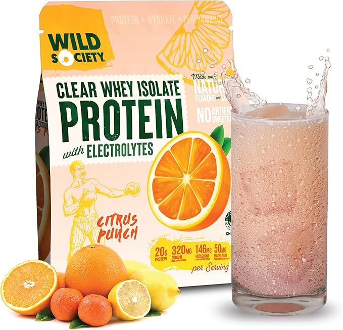 WILD SOCIETY - Clear Protein Powder + Electrolytes - 20g Clear Whey Protein Isolate Drink - Zero Sugar - 0g Lactose - Natural Flavors & Colors - Muscle Post Workout Recovery - Citrus Punch, 16 oz
