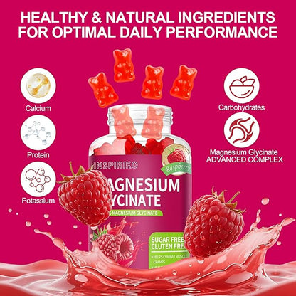 Magnesium Glycinate Gummies 1000mg - Sugar-Free Magnesium Potassium Supplement with Vitamin D, B6, CoQ10 for Adults & Kids,High Absorption for Calm Mood & Sleep Support - 60 Raspberry Gummies