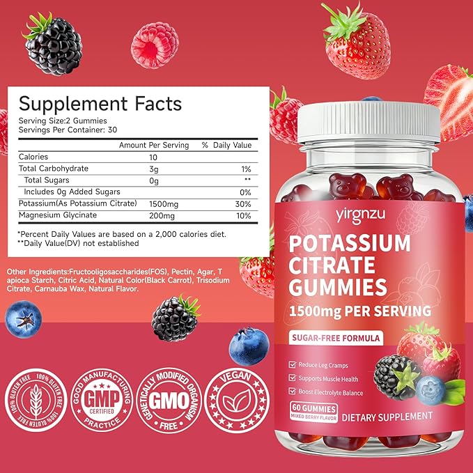 Potassium Citrate Gummies 1500mg, Potassium Supplement for Women & Men, Support Leg Cramps & Muscle Health, Vegan, Mixed Berry Flavor 60 Count