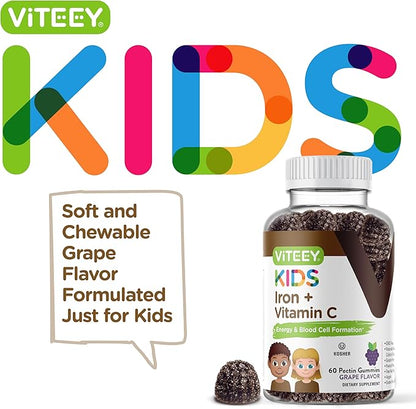 VITEEY Iron for Kids with Vitamin C - Supports Energy, Blood Cell Formulation, Blood Builder Anemia Kids Iron Supplements - Vegan, Gelatin Free, Gluten Free - Tasty Chewable Grape Flavored Gummy