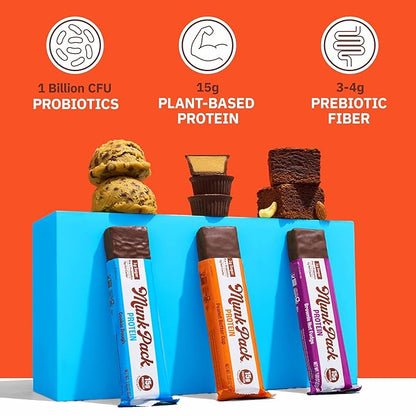 Munk Pack Variety Pack Probiotic Protein Bars | 15g Protein, 1g Sugar, 5g Net Carbs | Plant-Based, High Protein, Low Sugar Gut Health Snacks | 12 Pack