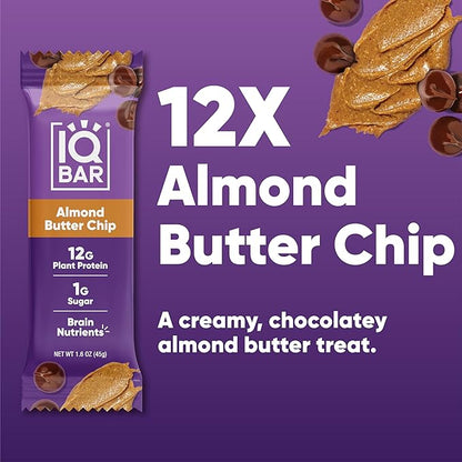IQBAR Brain Body Keto Protein Bars - Almond Butter Chip Bars 12 - Count Energy Bar - Low Carb High Fiber Vegan Bars Low Sugar Meal Bars - Vegan Snacks