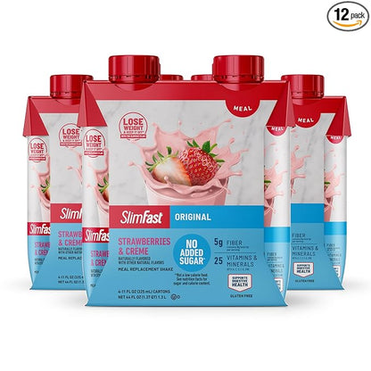SlimFast Meal Replacement Shake, Original Strawberries & Crème, No Added Sugar, Meal Replacement Shakes, 10g Ready to Drink Protein, 5g Fiber, 25 Vitamins and Minerals, 11 Fl. Oz, 12 Count