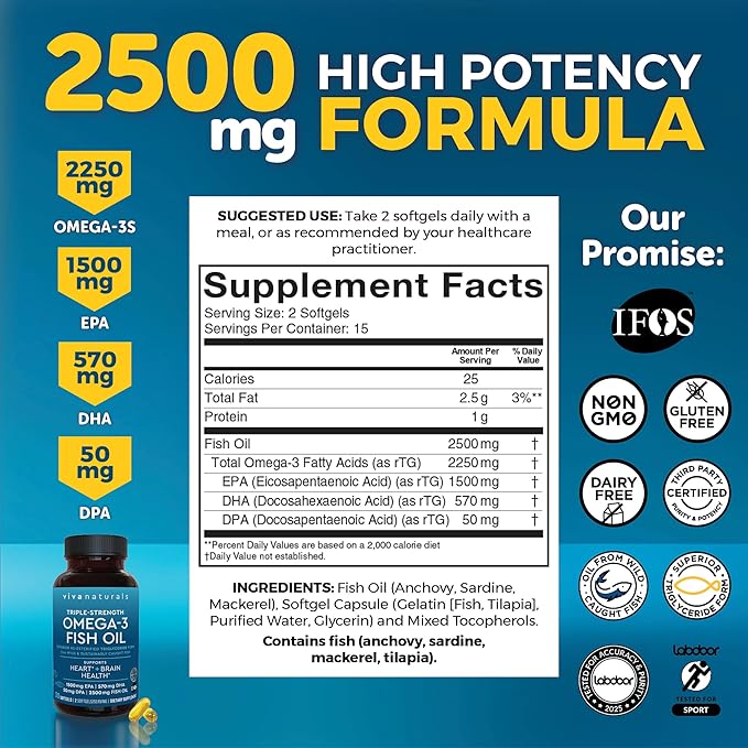 Viva Naturals Omega-3 Fish Oil, Triple Strength, 2500 mg, 30 Softgels – Re-Esterified Omega 3 Fatty Acids Including EPA, DHA, DPA - Pascatarian-Friendly