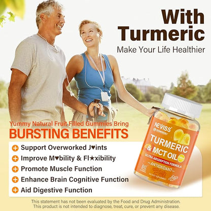 Turmeric Gummies 1000mg w/MCT Oil C8 C10, Organic Antioxidant, Turmeric Curcumin Supplement with Black Pepper Extract, Support Comfort, Boost Energy, Ultra Absorption, Sugar Free, 60 Cts