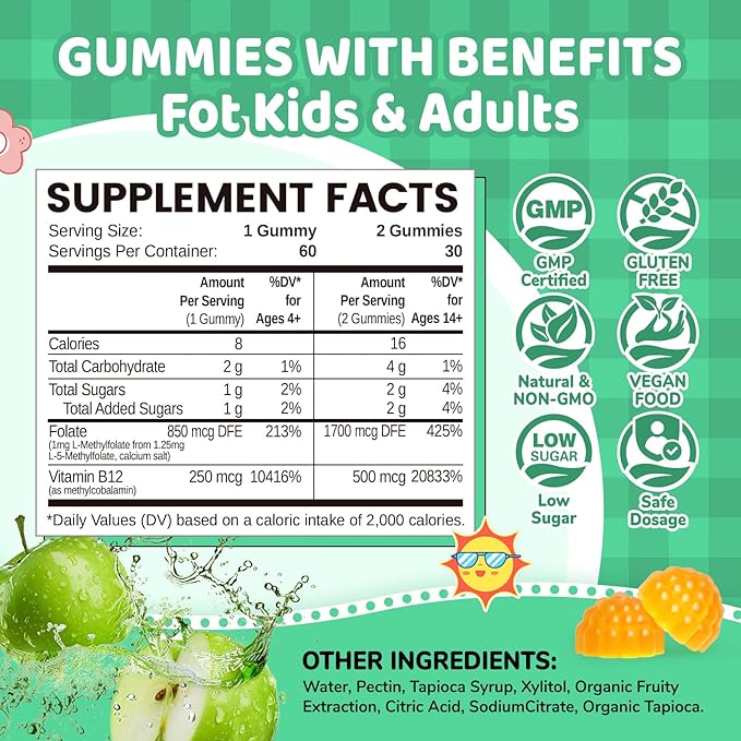 L Methylfolate Gummies, 5-MTHF Gummies for Kids & Adults, Methyl Folate and B12 Supplement, Highly Absorbable MTHFR Supplement, Support Brain Health, Immunity, Kids Growth, 120 CT