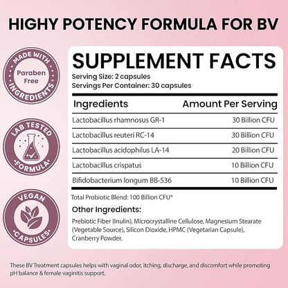 Bacterial Vaginosis Treatment for Women | Natural Homeopathic Supplement for Odor, Itching, Discharge, BV, and Vaginal Microbiota Imbalance | 60 Capsules for pH Balance and Daily Support