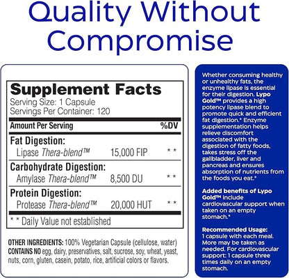 Enzymedica Lypo Gold, High Potency Lipase Digestive Enzymes for Fat Digestion, Supports Occasional Bloating Relief & Digestive Health, Keto-Friendly, Vegan, 120 Capsules