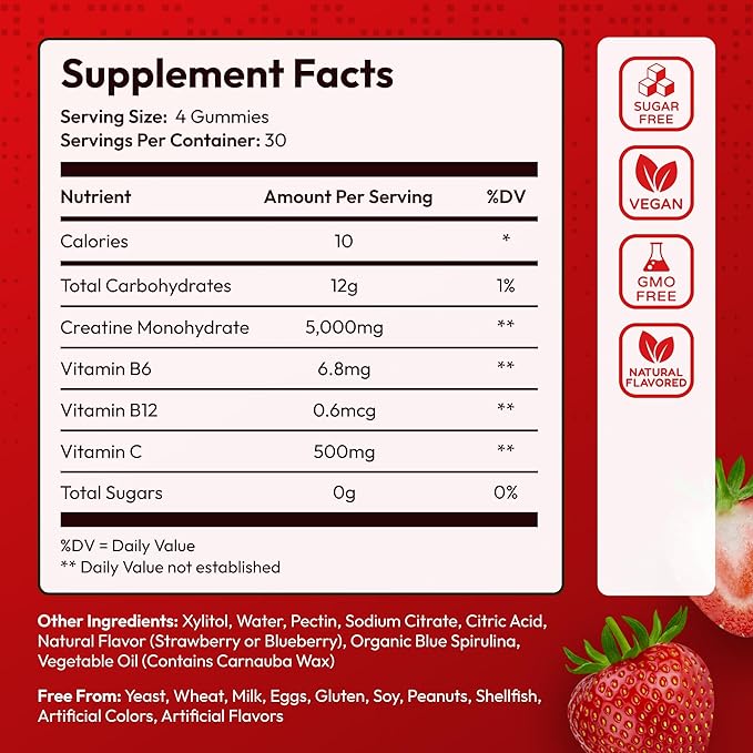 Sugar Free Creatine Monohydrate Gummies 5g Per Serving - 120 Monohydrate Creatine Gummies Advanced Complex with Vitamin C + Vitamin B12 for Muscle Strength, Energy Boost, Pre-Workout Gummy
