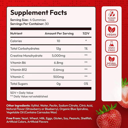 Sugar Free Creatine Monohydrate Gummies 5g Per Serving - 120 Monohydrate Creatine Gummies Advanced Complex with Vitamin C + Vitamin B12 for Muscle Strength, Energy Boost, Pre-Workout Gummy