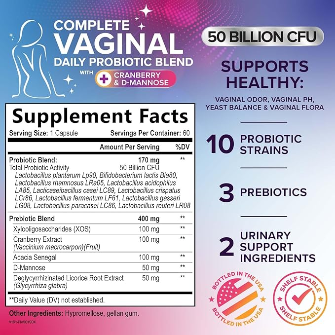 Vaginal Probiotics for Women pH Balance with Prebiotics - 50 Billion CFU - 10 Unique Feminine Strains, Cranberry & D-Mannose for Women's Probiotic Vag Health, Supplement Bottled in USA - 60 Capsules