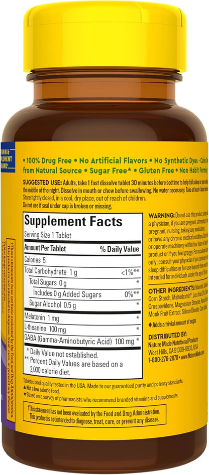 Nature Made Wellblends Back To Sleep, Lower Dose Melatonin 1 mg, L theanine 100 mg and GABA 100mg, Sleep Supplement, 40 Fast Dissolve Tablets