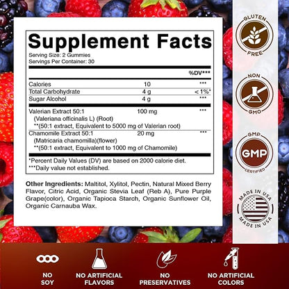 Vitamatic Valerian Root & Chamomile Gummies – Plant-Based Botanical Extract – Mixed Berry Flavor – Vegan, Non-GMO, Gluten-Free – Herbal Supplement – 60 Count