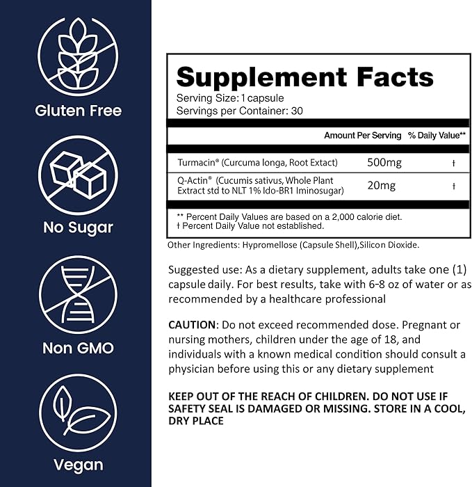 Joint Complex Turmeric Supplement, Turmacin® Turmeric Root Extract 500mg & Q-Actin® Cucumber Enzyme 20mg, Daily Joint Health Support, Suitable for Sensitive Users, Non-GMO, Gluten Free, 30 Capsules