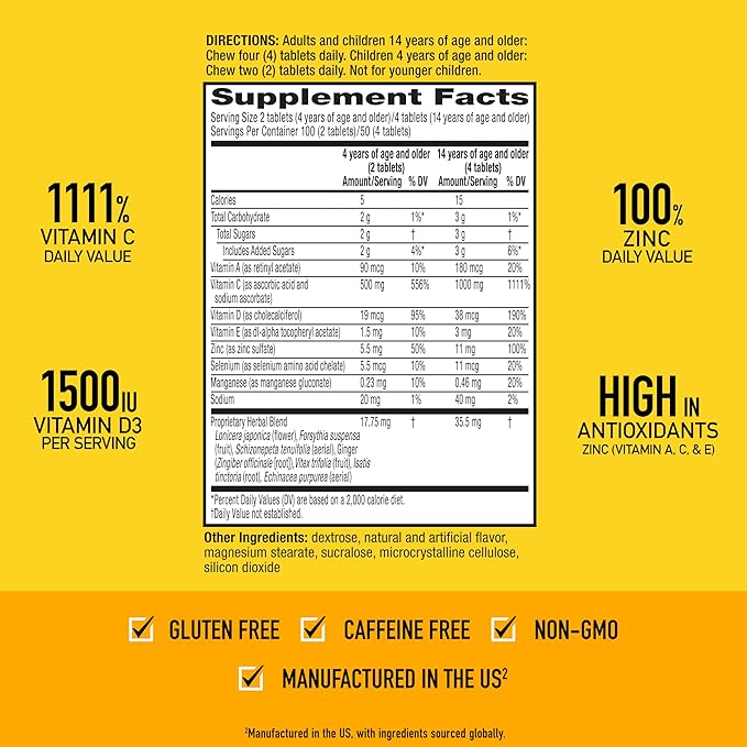 Airborne 1000mg Vitamin C with D and Zinc, Multivitamin Immune Support Supplement with Antioxidants A, C, and E, 200 Chewable Tablets, Citrus Flavor,(Pack of 2)