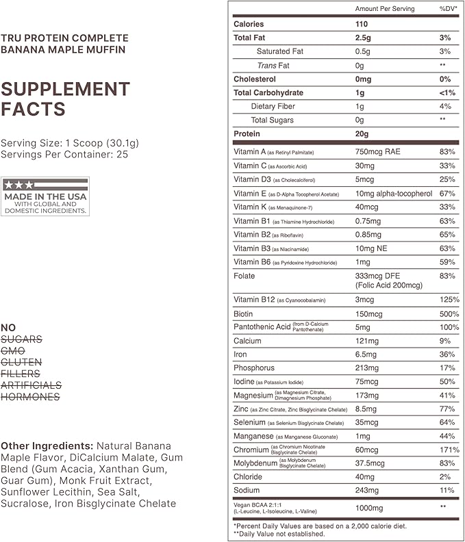 TRU Supplements Plant Based Protein Powder, BCAA, EAA, 20g Vegan Brown Rice & Pea Protein, 100 Calories, 27 Vitamins, No Artificial Flavors 25 Servings (Banana Maple Muffin)
