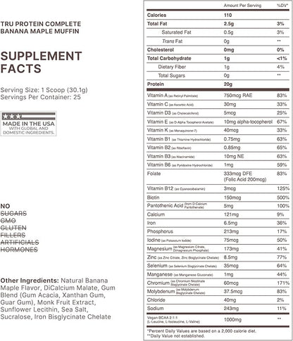 TRU Supplements Plant Based Protein Powder, BCAA, EAA, 20g Vegan Brown Rice & Pea Protein, 100 Calories, 27 Vitamins, No Artificial Flavors 25 Servings (Banana Maple Muffin)