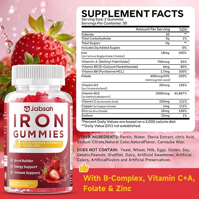 Vegan Iron Gummies for Women & Men, Iron Supplement with B-Complex, Vitamin C, A, Folate for Adults & Kids - Blood Builder & Energy Support & Immune Health - Strawberry Flavor, 120 Gummies