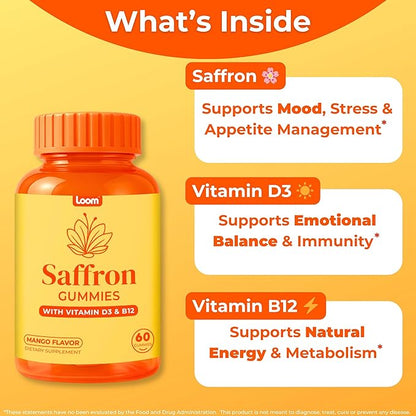 Loom Saffron Gummies with Vitamin D3 & B12 – Natural Mood & Energy Support for Emotional Balance and Stress Relief – Tropical Mango, 60 Count (60 Count, Mango)