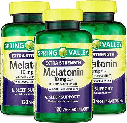 Unique Bundle Store Spring Valley melatonin 10mg, 120 Tablets with Lemon Balm Extract, Dietary Supplement for Sleep and Immune System Support - 7 Day Pill Organizer Included (Pack of 3 (360 CT))