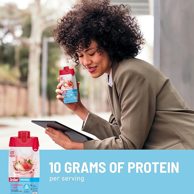 SlimFast Meal Replacement Shake, Original Strawberries & Crème, No Added Sugar, Meal Replacement Shakes, 10g Ready to Drink Protein, 5g Fiber, 25 Vitamins and Minerals, 11 Fl. Oz, 12 Count
