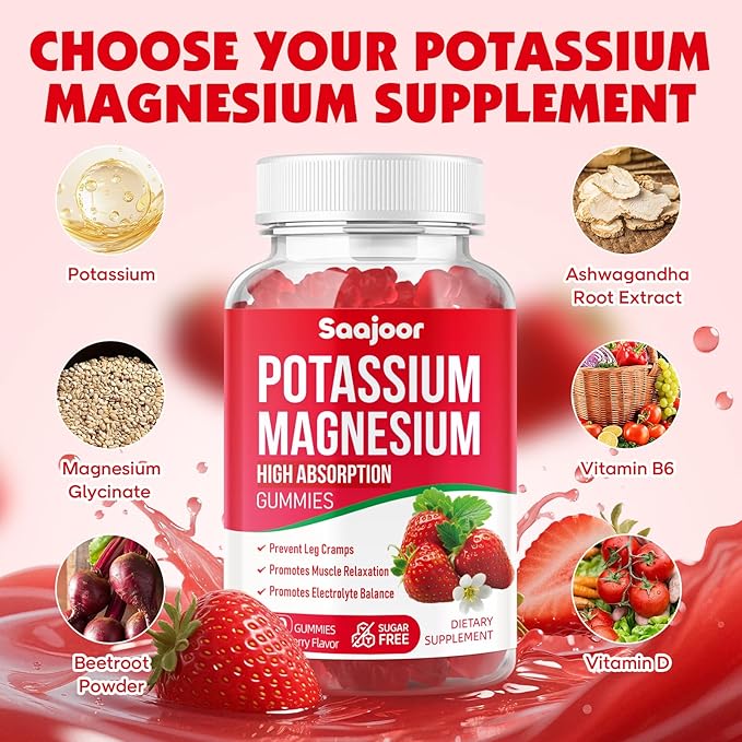 Potassium Magnesium Gummies,High Absorption Magnesium Glycinate,D3 & B6,Potassium Citrate - for Muscle Support, Leg Cramps & Electrolyte Balance - Vegan, Non-GMO, Strawberry Flavor, 60 Count