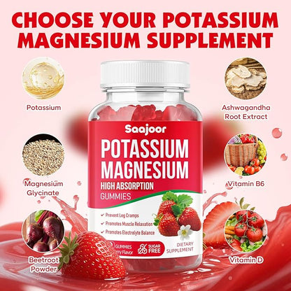 Potassium Magnesium Gummies,High Absorption Magnesium Glycinate,D3 & B6,Potassium Citrate - for Muscle Support, Leg Cramps & Electrolyte Balance - Vegan, Non-GMO, Strawberry Flavor, 60 Count