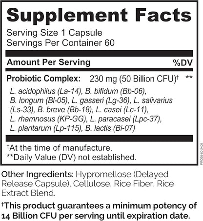 NATURELO Probiotics for Digestive Health, 50 Billion CFU, 60 Vegetarian Capsules, 11 Strains, Daily Use Supplement, Delayed Release, No-Fridge, Boosts Immune System, Probiotics for Women & Men