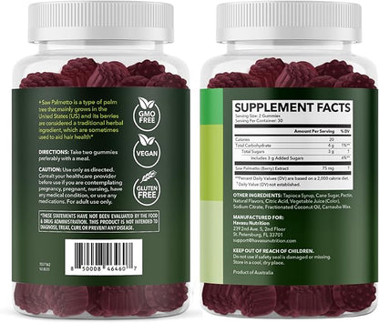 Saw Palmetto for Men Gummies - DHT Blocker Supplement for Hair Health and Male Patterned Balding - 60 Count - Supports Scalp and Prostate Wellness - Raspberry Flavor - Vegan, Non-GMO, 1 Month Supply