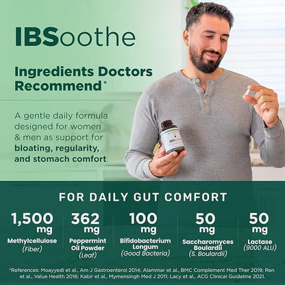 IBSoothe – Digestive Health Supplement for Women & Men with Fiber, Probiotics, Enzymes & Peppermint Oil for Gas Relief, Digestive Health, IBS/Constipation Relief – 90 Capsules