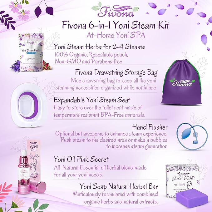 FIVONA Yoni Care Kit 6 in 1 - pH Balanced Natural Yoni Oil, Herbal Soap Bar for Feminine Wash, Detox V Steam Herbs Blue Moon, Foldable Sitz Bath Steam Pot, Hand Flusher and Drawstring Storage Bag