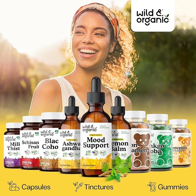 Wild & Organic Mood Support Drops - Good Mood Supplements w/Ashwagandha Root & Rhodiola Rosea - Natural Liquid Drops for Positive Energy - Calm and Relax Supplements for Women and Men - 2 oz