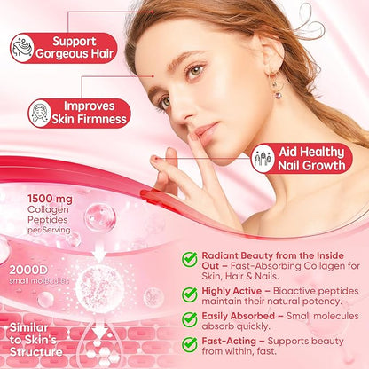 Collagen Peptide Gummies for Women & Men Sugar-Free, Multi Collagen Hydrolyzed w/ 1500mg Protein Type I,II,III,V,X, 5000mcg Biotin, Methylated B12, Vitamin C A E D3 B6 for Skin Hair Nails, Bone, 60Cts