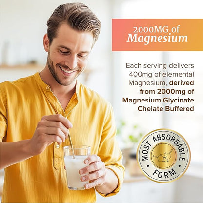 Magnesium Glycinate Powder 400MG | Sleep & Relaxation Support | Peach Mango Flavor, Sugar-Free | High Absorption Chelated Magnesium Powder | Vegan, Gluten-Free, Non-GMO | 30 Servings | 225g (7.94oz)