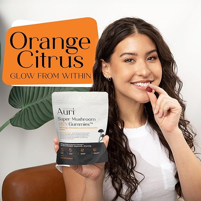 Auri Nutrition Super Mushroom HSN Gummies - Hair Skin and Nails Gummies Functional Mushrooms Supplement - with Wild Chaga, Chlorophyll, Lutein and Astaxanthin - 60 Orange Citrus Gummies