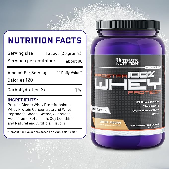 Ultimate Nutrition Prostar Whey Protein Powder Isolate, Gourmet Cocoa Mocha - Low Carb, High Protein Powder Shake for Muscle Gain & Recovery - Low Sodium, Low-Fat & Keto Friendly - 2 lbs Tub