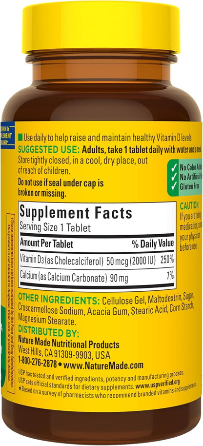 Nature Made Vitamin D3 2000 IU (50 mcg), Vitamin D Supplement for Bone, Teeth, Muscle and Immune Health Support, 100 Tablets, 100 Day Supply