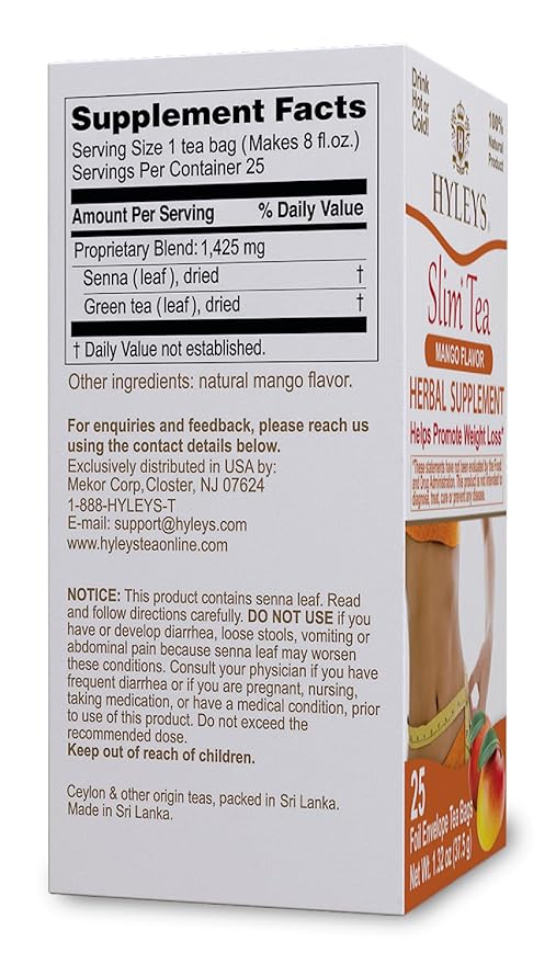 Hyleys Slim Tea Mango Flavor - Weight Loss Herbal Supplement Cleanse and Detox - 25 Tea Bags (12 Pack)