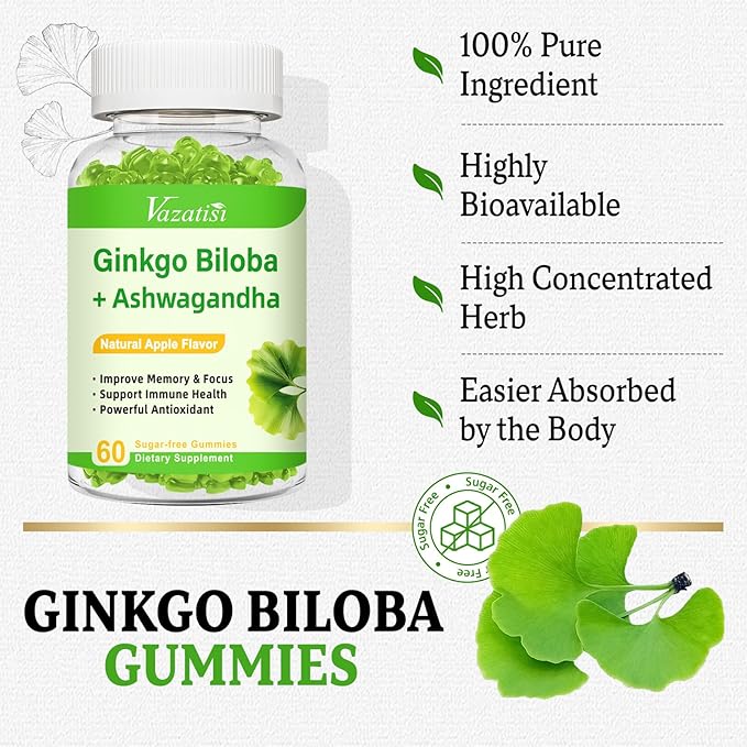 2 Pack Ginkgo Biloba Gummies 240MG with Panax Ginseng for Better Mood and Focus, Booster Brain Health, 120 Vegan Apple Flavor Gummies