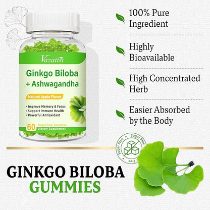 2 Pack Ginkgo Biloba Gummies 240MG with Panax Ginseng for Better Mood and Focus, Booster Brain Health, 120 Vegan Apple Flavor Gummies