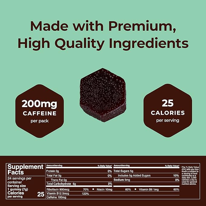 SGC Highest Concentration 100 mg Caffeine per Gummy, 2 Gummies per Pack, 12-Pack Mocca Shots Mint Chocolate Plant-Based Instant Energy with Herbal Nootropics