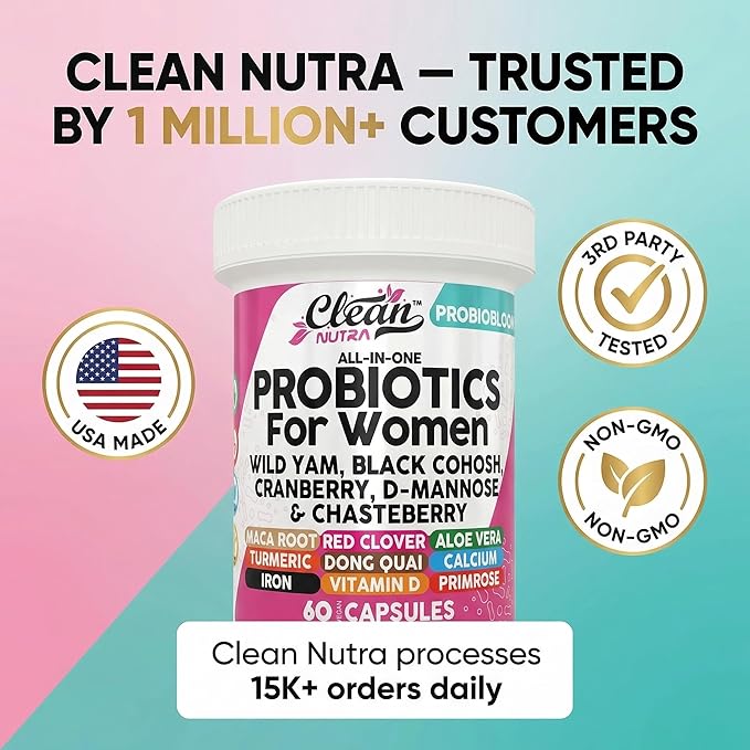 Clean Nutraceuticals Probiotics for Women with D Mannose, Cranberry Extract, Wild Yam, Chasteberry - 20 Probiotic and Prebiotic Strains - PH Balance, Womens Probiotic for Digestive Health - 60 Count